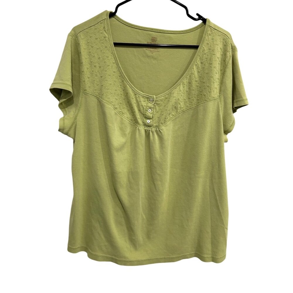 Faded Glory Green Embroidered Scoop Neck Short Sleeve Top Sz 3X
